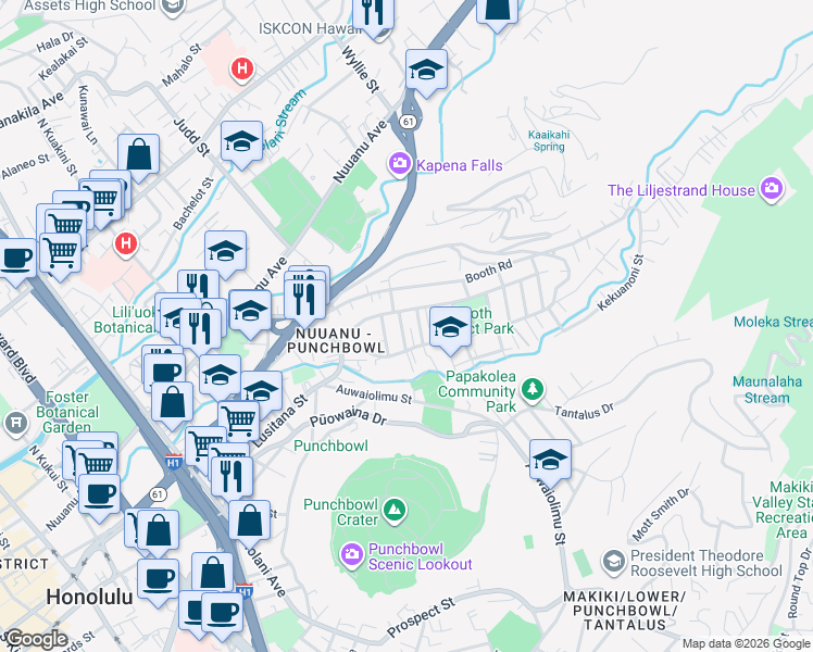 map of restaurants, bars, coffee shops, grocery stores, and more near 220 Namokueha Street in Honolulu