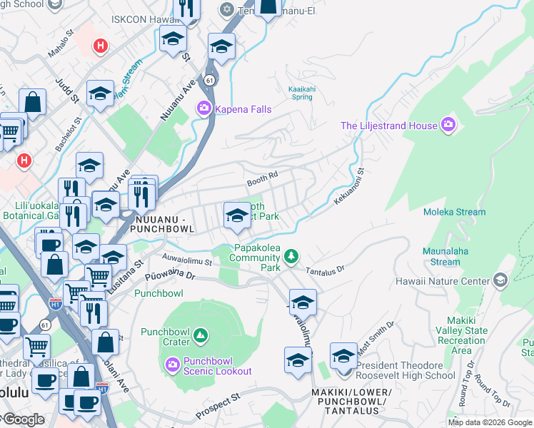 map of restaurants, bars, coffee shops, grocery stores, and more near 2401A Pauoa Road in Honolulu