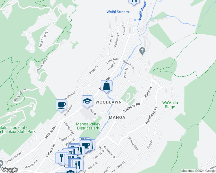 map of restaurants, bars, coffee shops, grocery stores, and more near 2719 Poelua Street in Honolulu