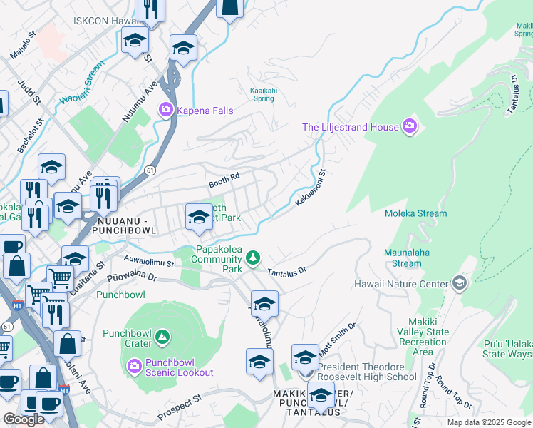 map of restaurants, bars, coffee shops, grocery stores, and more near 317 Kapulei Street in Honolulu