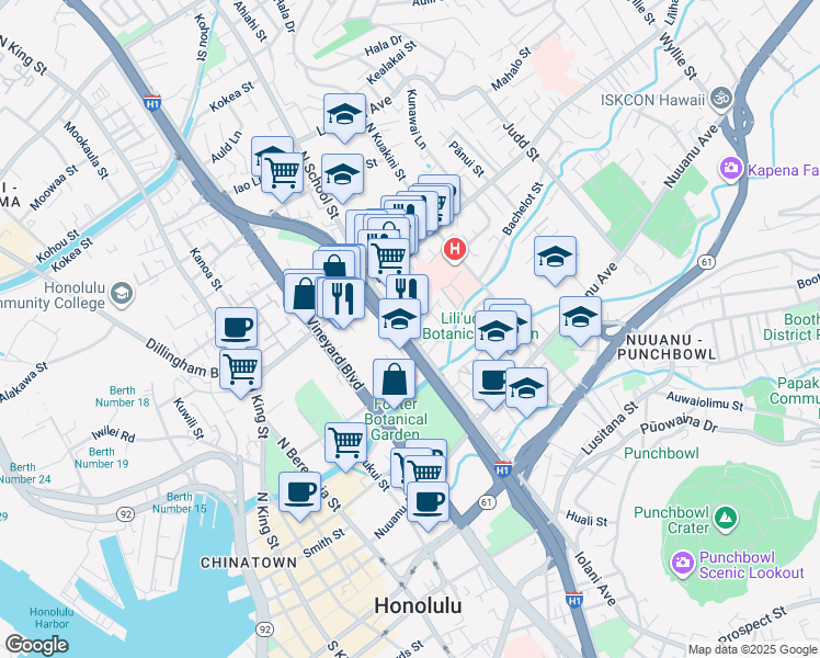 map of restaurants, bars, coffee shops, grocery stores, and more near 286 North School Street in Honolulu