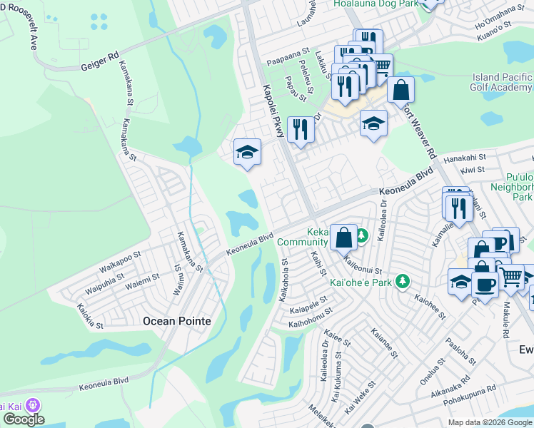 map of restaurants, bars, coffee shops, grocery stores, and more near 91-2101 Kai 'Oli Street in Ewa Beach