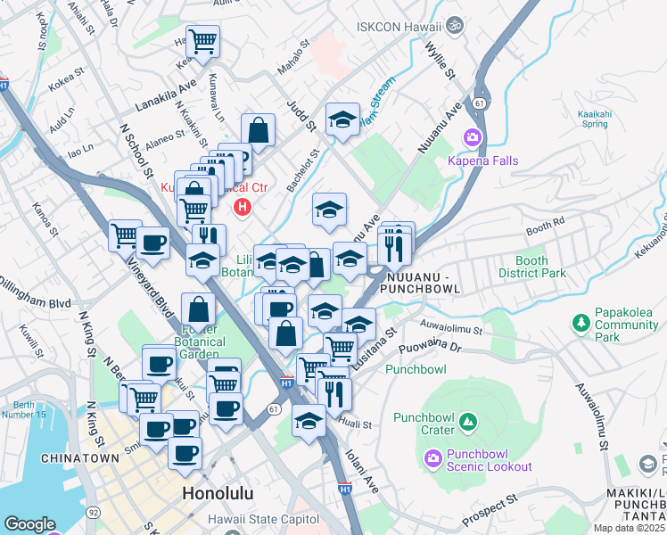 map of restaurants, bars, coffee shops, grocery stores, and more near 1901 Pauoa Road in Honolulu