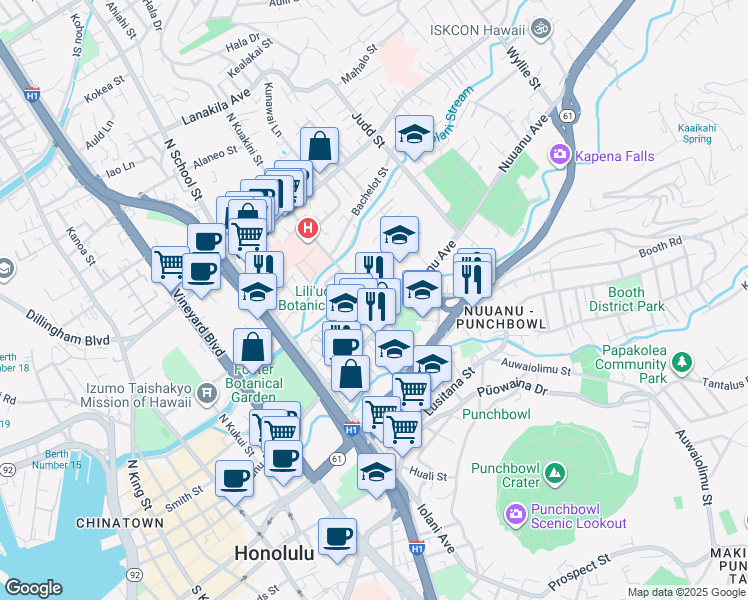 map of restaurants, bars, coffee shops, grocery stores, and more near 1742 Nuuanu Avenue in Honolulu