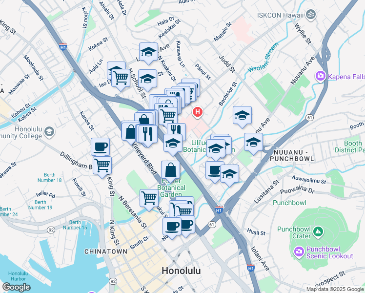 map of restaurants, bars, coffee shops, grocery stores, and more near 1617 Frog Lane in Honolulu