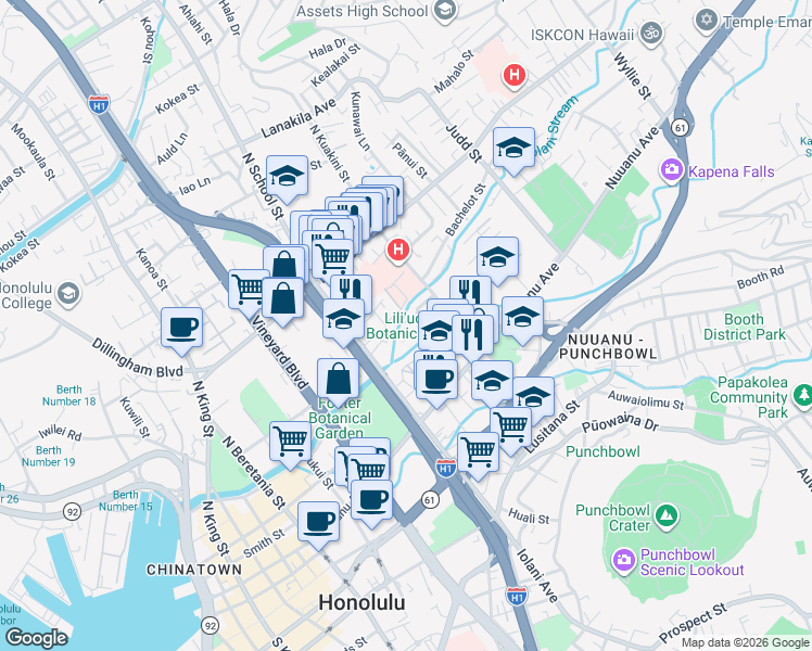 map of restaurants, bars, coffee shops, grocery stores, and more near 1625 Stillman Lane in Honolulu
