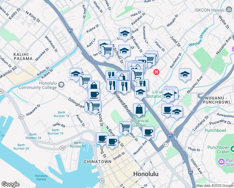 map of restaurants, bars, coffee shops, grocery stores, and more near 1409 Liliha Street in Honolulu