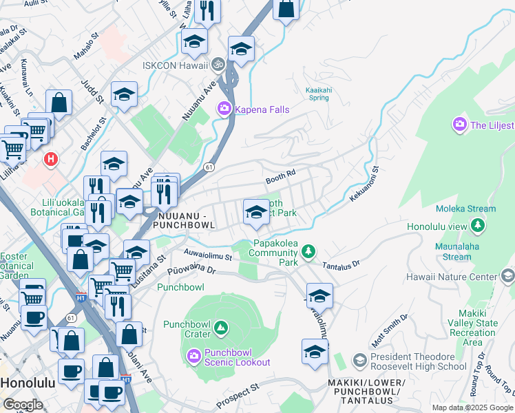 map of restaurants, bars, coffee shops, grocery stores, and more near 2316 Pauoa Road in Honolulu