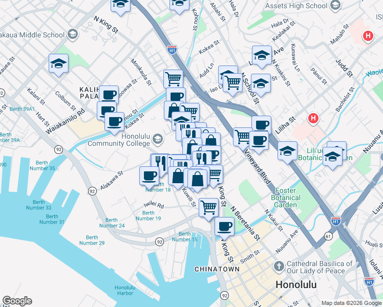 map of restaurants, bars, coffee shops, grocery stores, and more near 940 Akepo Lane in Honolulu