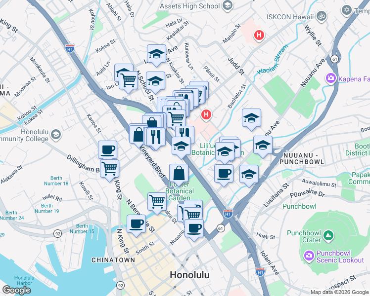 map of restaurants, bars, coffee shops, grocery stores, and more near 340 North School Street in Honolulu