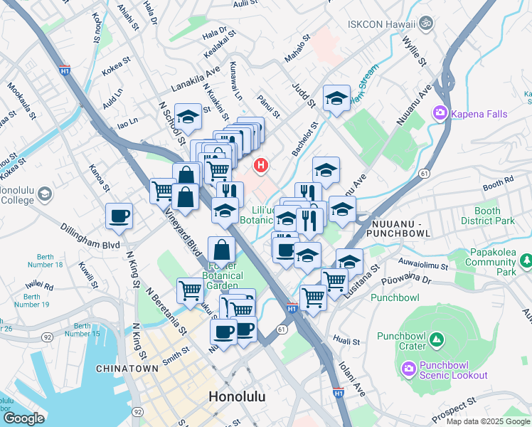 map of restaurants, bars, coffee shops, grocery stores, and more near 1625 Stillman Lane in Honolulu
