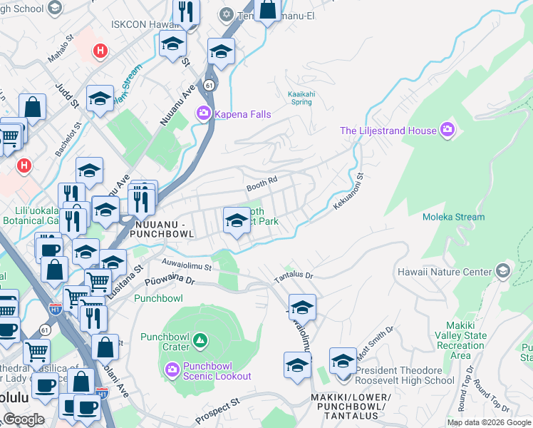 map of restaurants, bars, coffee shops, grocery stores, and more near 2401A Pauoa Road in Honolulu
