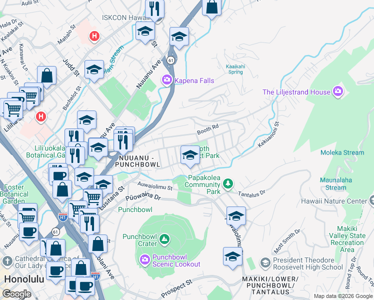 map of restaurants, bars, coffee shops, grocery stores, and more near 2316 Pauoa Road in Honolulu