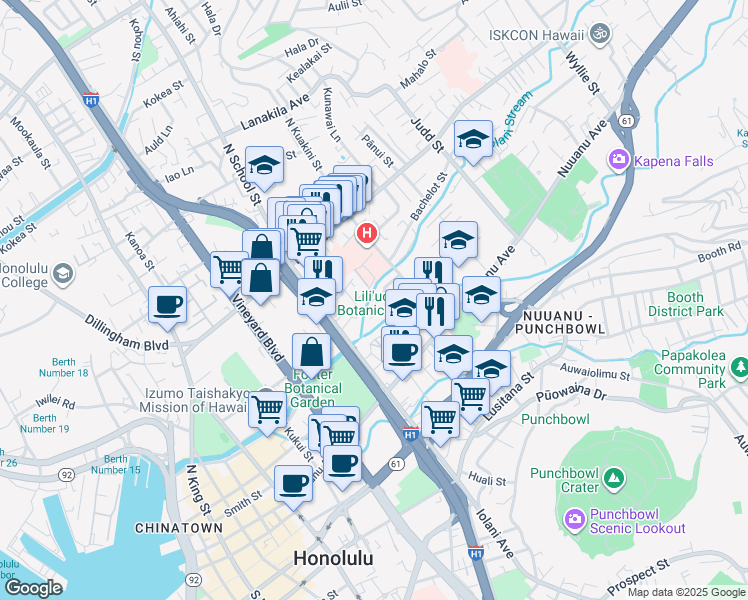 map of restaurants, bars, coffee shops, grocery stores, and more near 1625 Stillman Lane in Honolulu