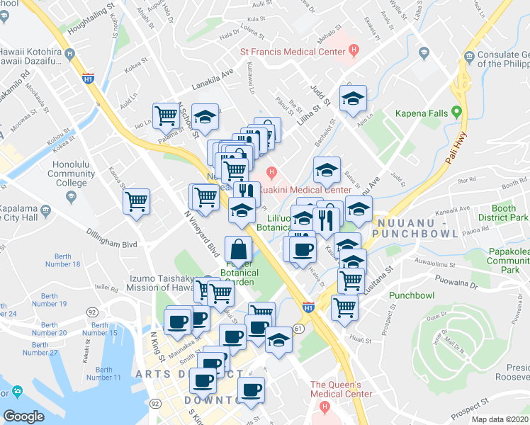 map of restaurants, bars, coffee shops, grocery stores, and more near 1625 Stillman Lane in Honolulu
