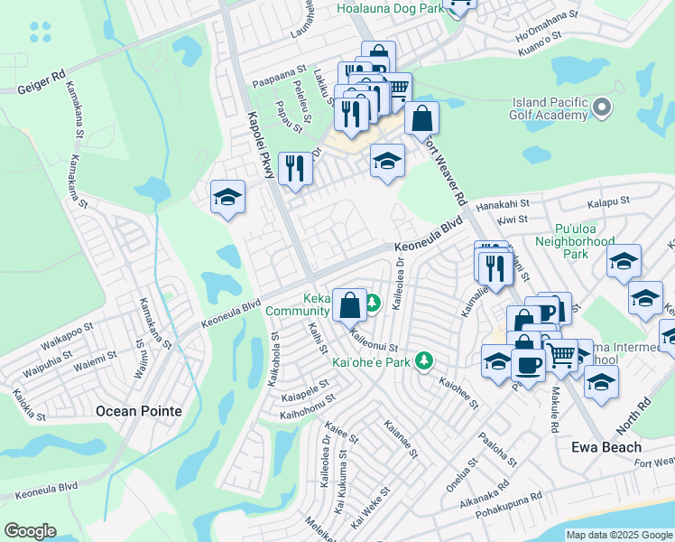 map of restaurants, bars, coffee shops, grocery stores, and more near 91-6410 Kapolei Parkway in Ewa Beach