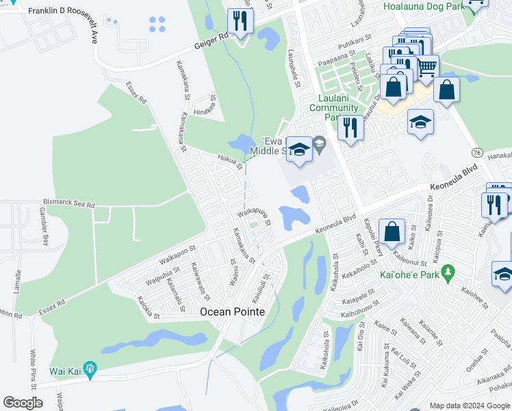 map of restaurants, bars, coffee shops, grocery stores, and more near 91-1060 Waikapuna Street in Ewa Beach
