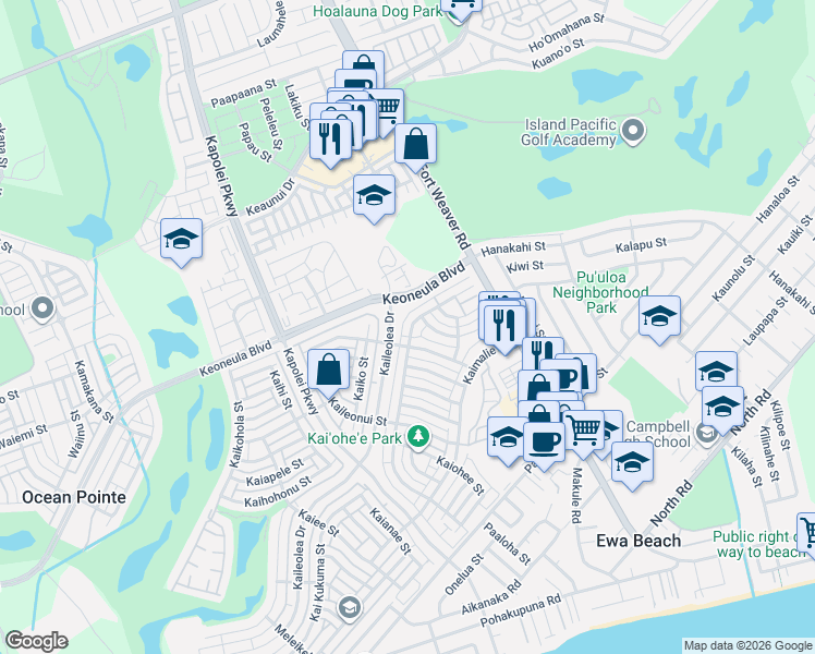 map of restaurants, bars, coffee shops, grocery stores, and more near 91-1059 Keoneula Boulevard in Ewa Beach