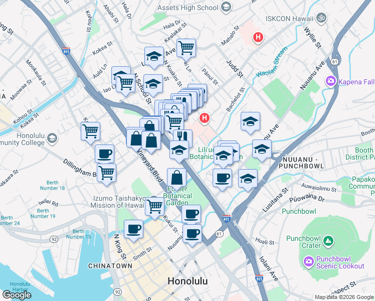 map of restaurants, bars, coffee shops, grocery stores, and more near 1618 Frog Lane in Honolulu