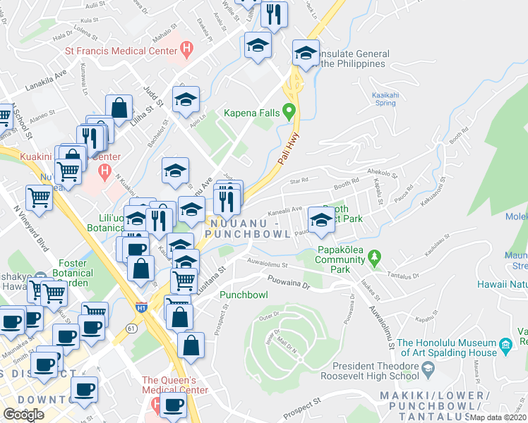 map of restaurants, bars, coffee shops, grocery stores, and more near 2126 Booth Road in Honolulu