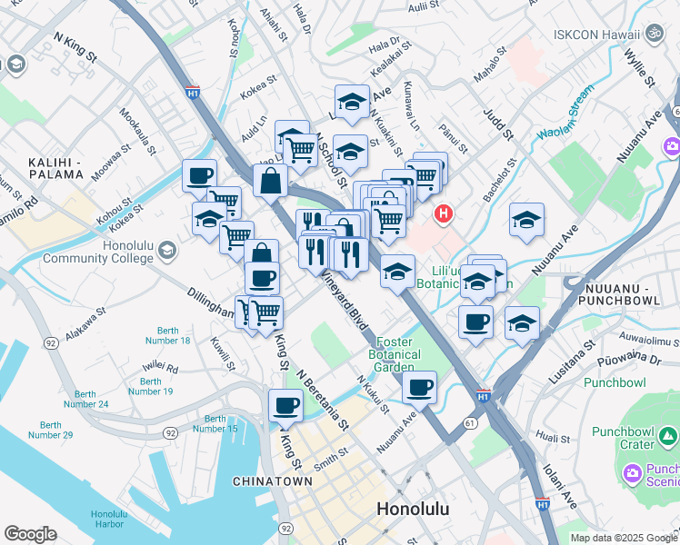 map of restaurants, bars, coffee shops, grocery stores, and more near 1443 Holelua Place in Honolulu