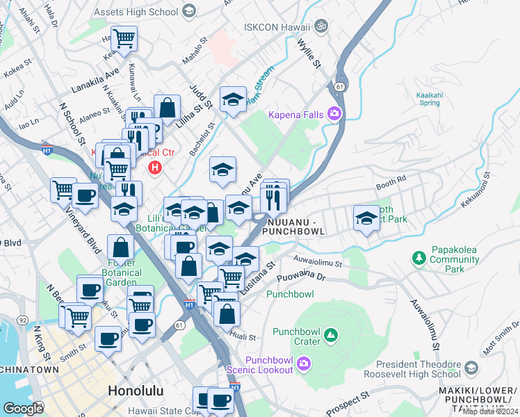 map of restaurants, bars, coffee shops, grocery stores, and more near 2028 Ohai Lane in Honolulu