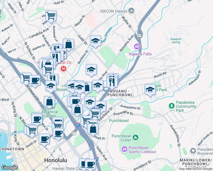 map of restaurants, bars, coffee shops, grocery stores, and more near 2024 Ohai Lane in Honolulu