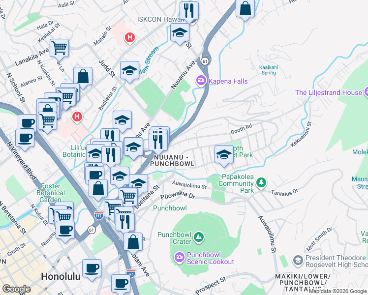 map of restaurants, bars, coffee shops, grocery stores, and more near 2144 Kanealii Avenue in Honolulu