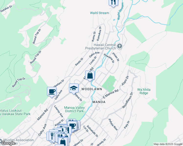 map of restaurants, bars, coffee shops, grocery stores, and more near 3353 Loulu Street in Honolulu