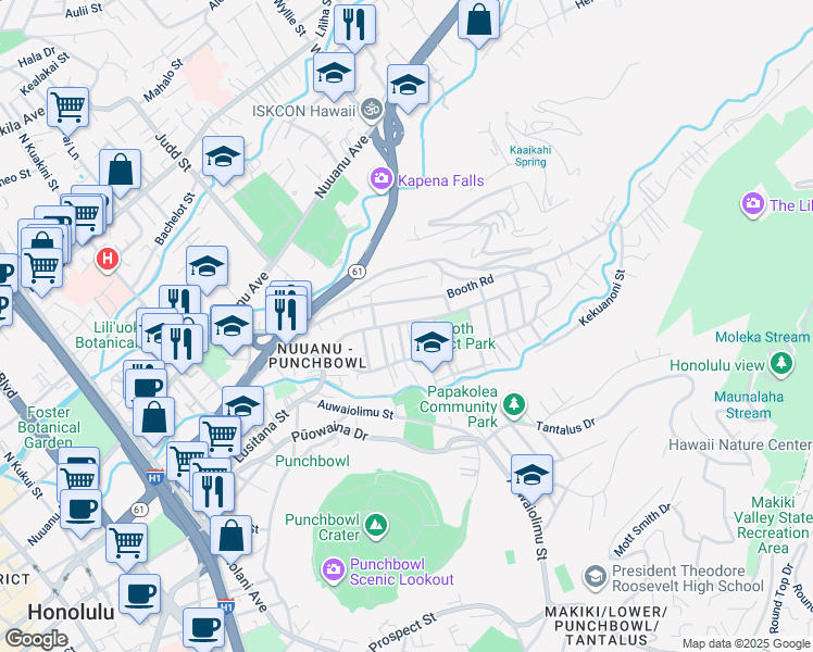 map of restaurants, bars, coffee shops, grocery stores, and more near 2243 Booth Road in Honolulu