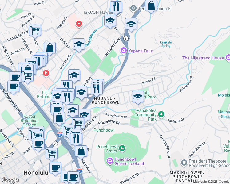 map of restaurants, bars, coffee shops, grocery stores, and more near 2179A Booth Road in Honolulu