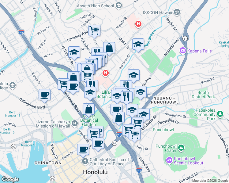 map of restaurants, bars, coffee shops, grocery stores, and more near 1743 Huli Street in Honolulu
