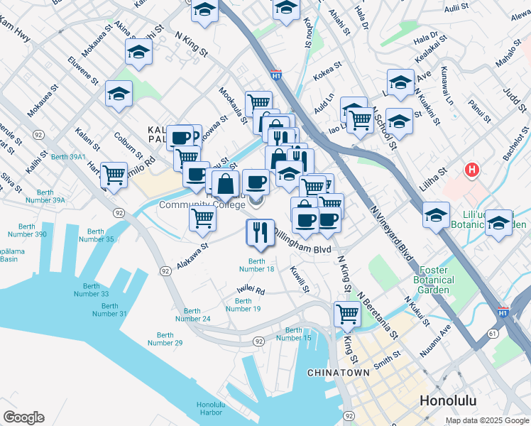 map of restaurants, bars, coffee shops, grocery stores, and more near 874 Dillingham Boulevard in Honolulu