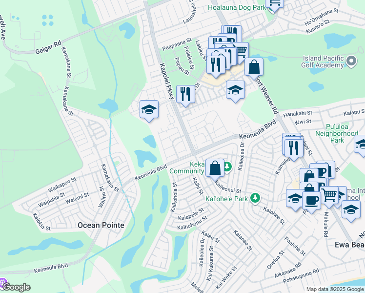map of restaurants, bars, coffee shops, grocery stores, and more near 91-2080 Kai 'Oli Street in Ewa Beach