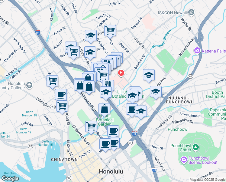 map of restaurants, bars, coffee shops, grocery stores, and more near 1632 Frog Lane in Honolulu