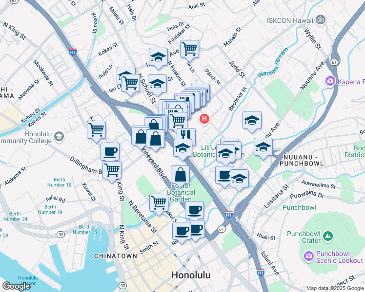 map of restaurants, bars, coffee shops, grocery stores, and more near 327A Puuhue Place in Honolulu