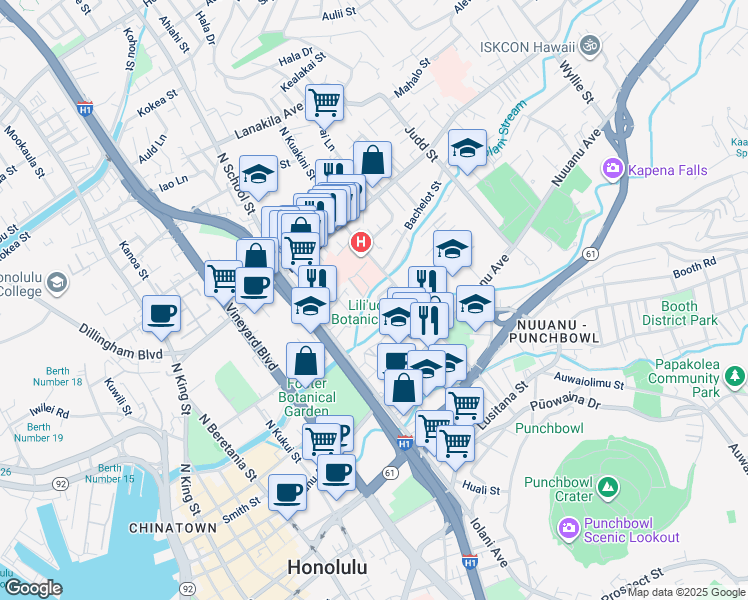map of restaurants, bars, coffee shops, grocery stores, and more near 1720 Huna Street in Honolulu