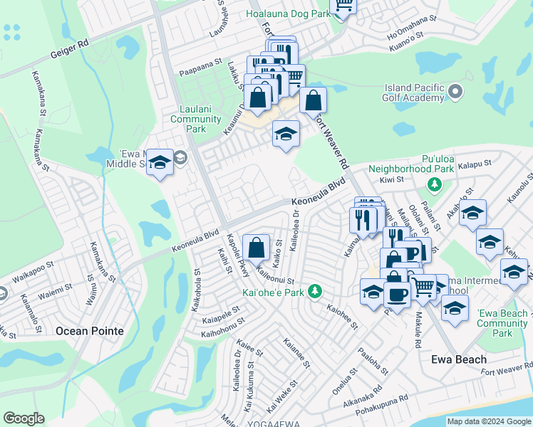 map of restaurants, bars, coffee shops, grocery stores, and more near 12 Keoneula Boulevard in Ewa Beach