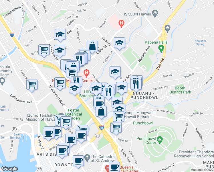 map of restaurants, bars, coffee shops, grocery stores, and more near 152 North Kuakini Street in Honolulu
