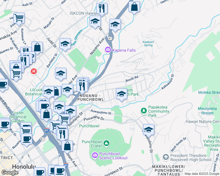 map of restaurants, bars, coffee shops, grocery stores, and more near 2243 Booth Road in Honolulu