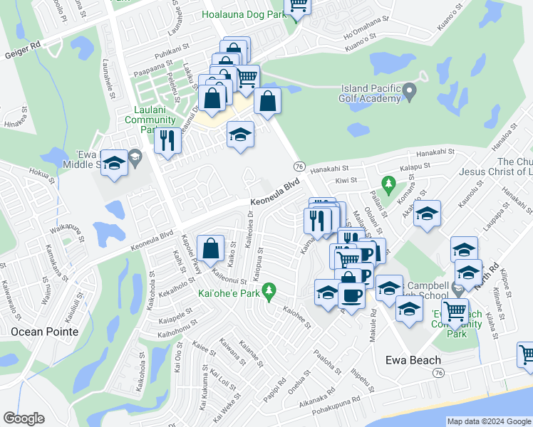 map of restaurants, bars, coffee shops, grocery stores, and more near 91-1062 Kaiopua Street in Ewa Beach