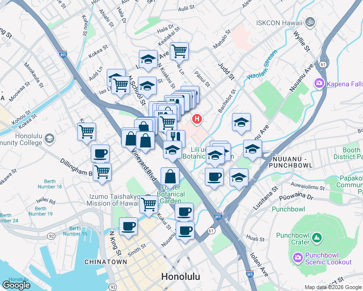 map of restaurants, bars, coffee shops, grocery stores, and more near 327A Puuhue Place in Honolulu