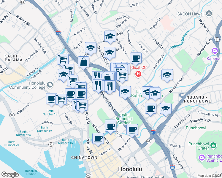 map of restaurants, bars, coffee shops, grocery stores, and more near 1443 Holelua Place in Honolulu