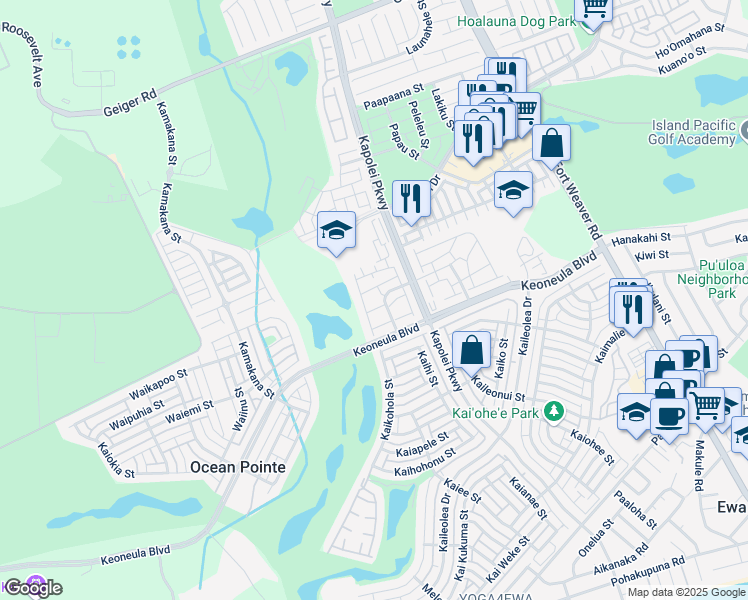map of restaurants, bars, coffee shops, grocery stores, and more near 91-2105 Kai 'Oli Street in Ewa Beach