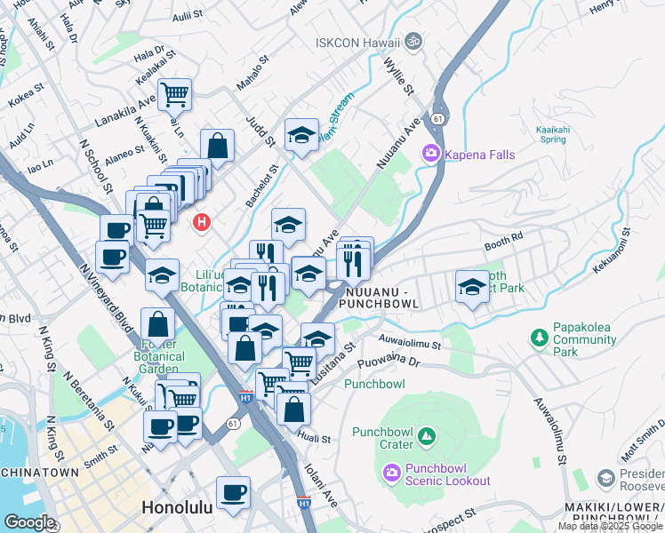 map of restaurants, bars, coffee shops, grocery stores, and more near 1952a Pauoa Road in Honolulu