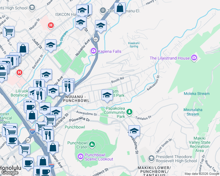 map of restaurants, bars, coffee shops, grocery stores, and more near 147 Huanu Street in Honolulu