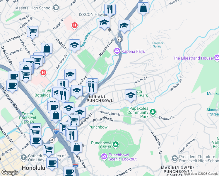map of restaurants, bars, coffee shops, grocery stores, and more near 2179A Booth Road in Honolulu