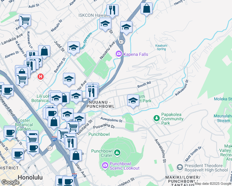 map of restaurants, bars, coffee shops, grocery stores, and more near 2179A Booth Road in Honolulu