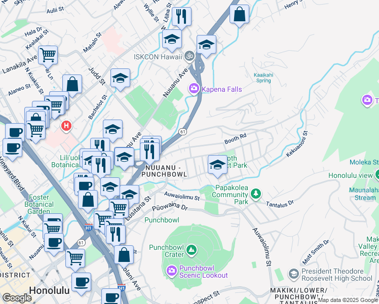 map of restaurants, bars, coffee shops, grocery stores, and more near 2179A Booth Road in Honolulu