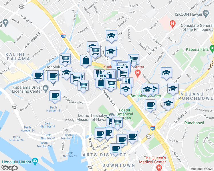 map of restaurants, bars, coffee shops, grocery stores, and more near 1443 Holelua Place in Honolulu